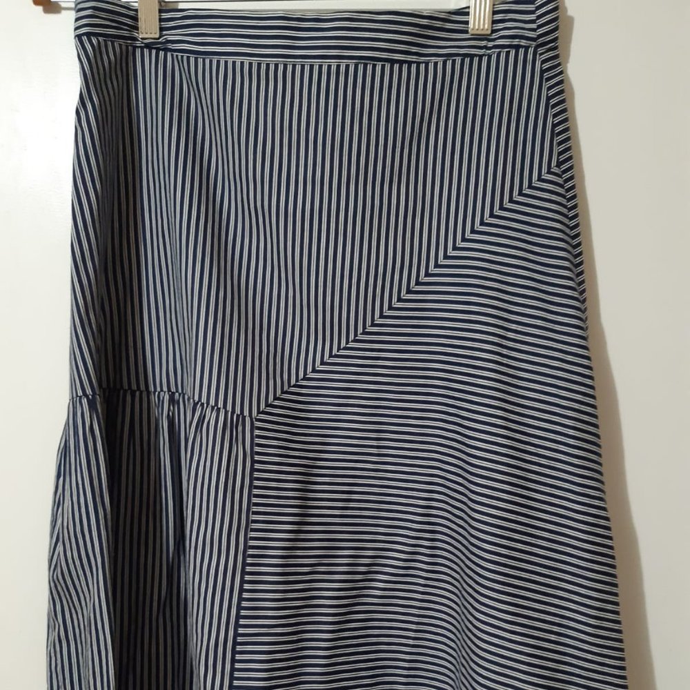 Cool and Slenderizing Navy and White Pinstripe Asymmetrical Hem Skirt